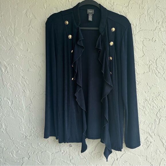 CHICOS Travelers Jacket Women 10 Liquid Knit Slinky Waterfall Open Front Long - Picture 2 of 8